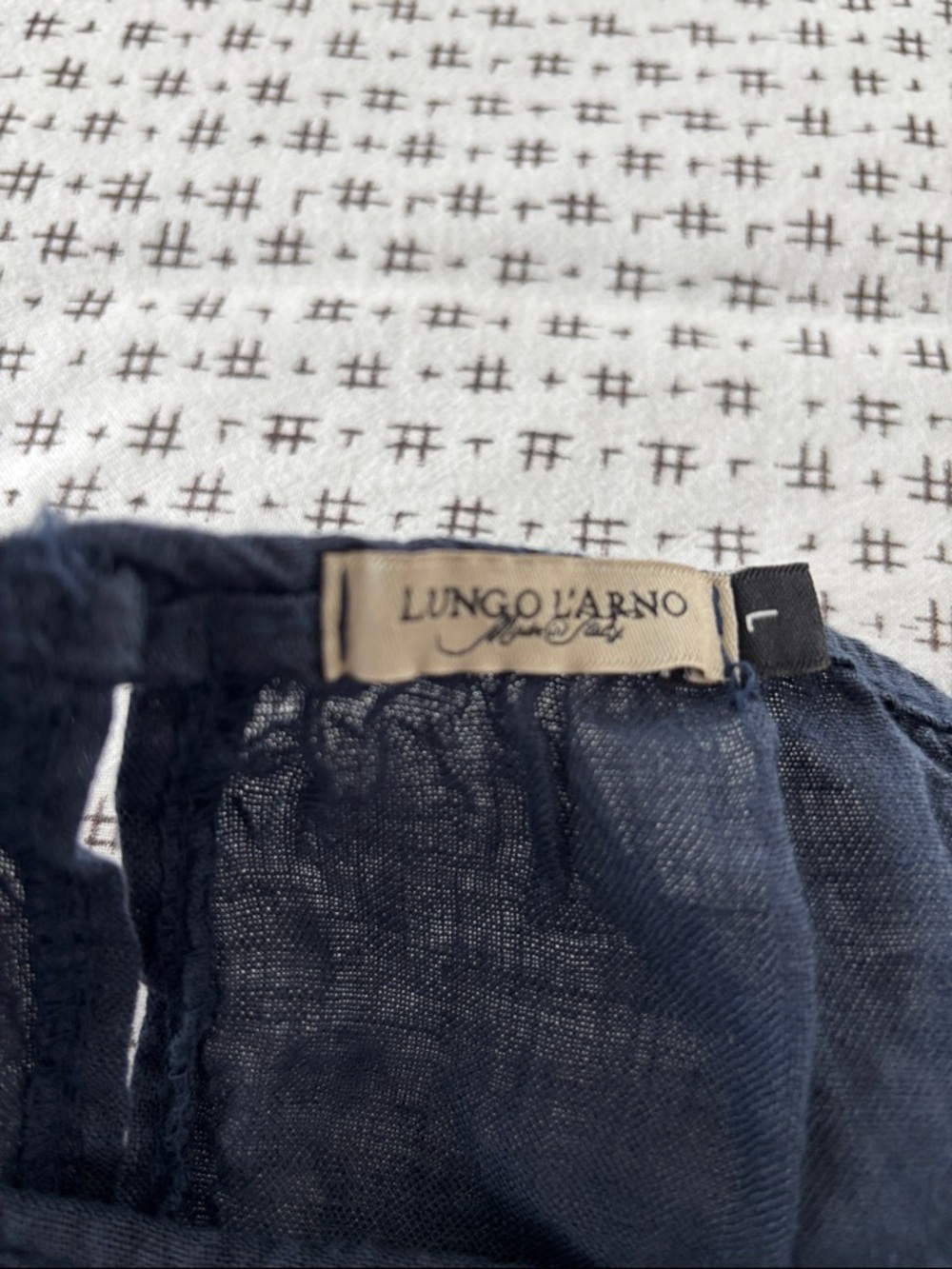 Lungo L’Arno Spaghetti-Strap Sundress, 100% linen, navy, bow on neck, size L - Picture 2 of 7